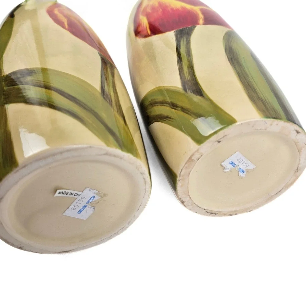 Carolina Pottery 80159 Ceramic Tulip Vases Pair Red Yellow Floral 12.5 Inch Tall